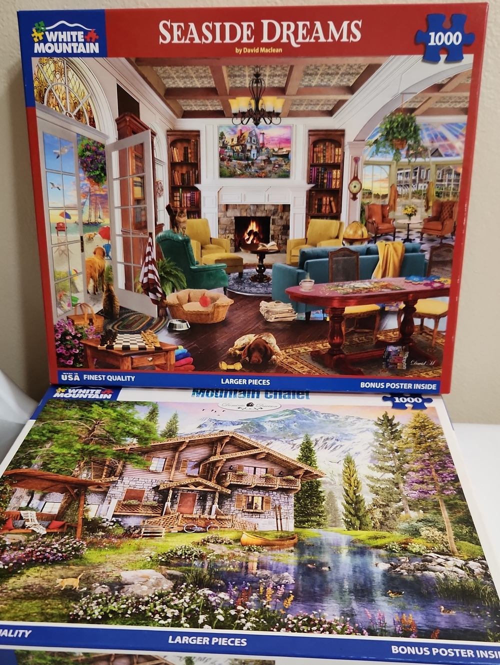 2/$20 WHITE MOUNTAIN PUZZLES 1000 pc Seaside Dreams Mountain Chalet W Posters
